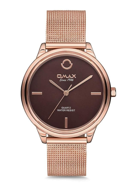 Omax Brown Dial Rose Gold Stainless Steel Mesh Chian Watch for Women-00FMB012600D