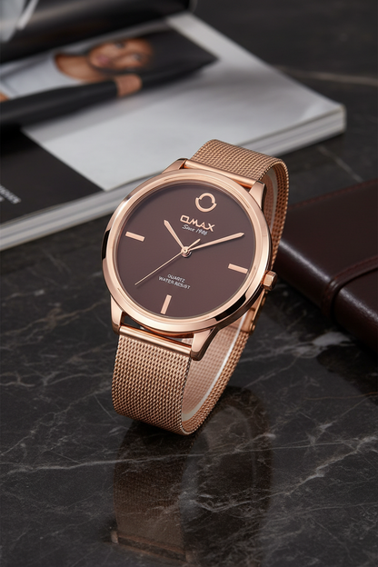 Omax Women's Brown Dial Rose Gold Mesh Watch – Stainless Steel, Quartz | 00FMB012600D