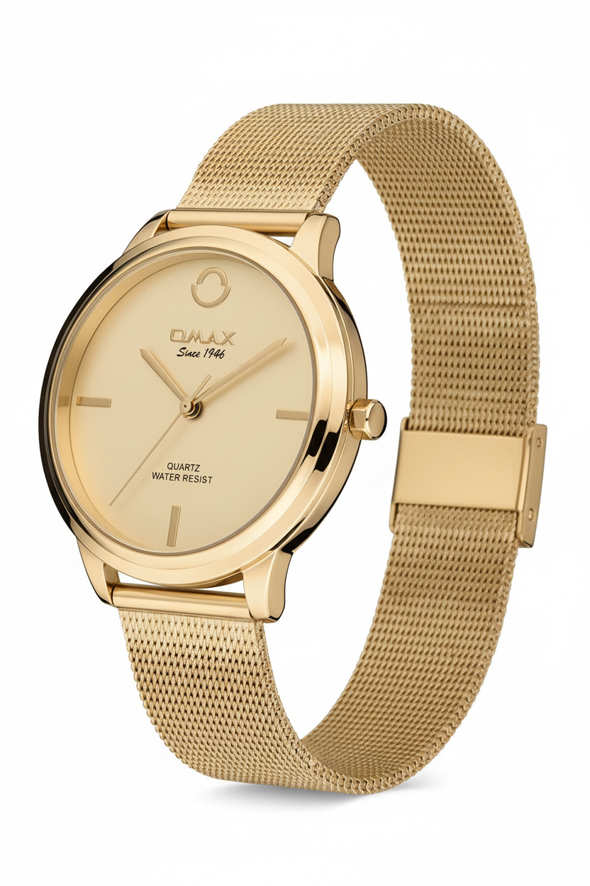 Omax Women's Gold Dial Golden Mesh Chain Analog Watch - 00FMB012Q001