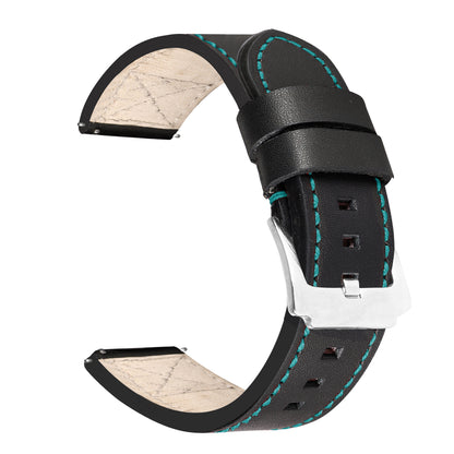 Boshek Black  Genuine Leather Green  Stitch Design Watch Strap. Silver Stainless Steel Buckle Self Changeable FS337-GY-22-S