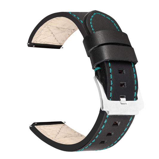 Boshek Black  Genuine Leather Green  Stitch Design Watch Strap. Silver Stainless Steel Buckle Self Changeable FS337-GY-22-S-