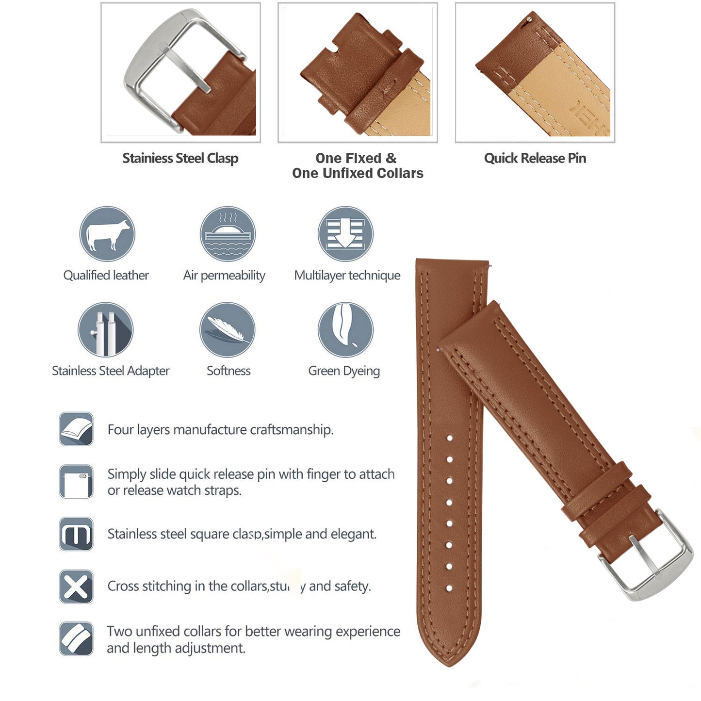 Boshek Brown Solid Genuine Leather Watch Strap for Quick Release and Self Changeable FS347