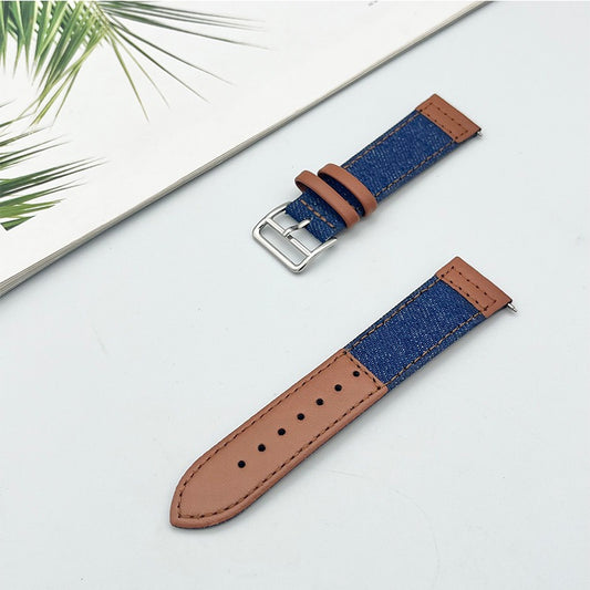 OMAX Dark Blue Denim & Tan Leather Watch Strap|Two-Tone Hybrid Band|Silver Buckle|Quick Release