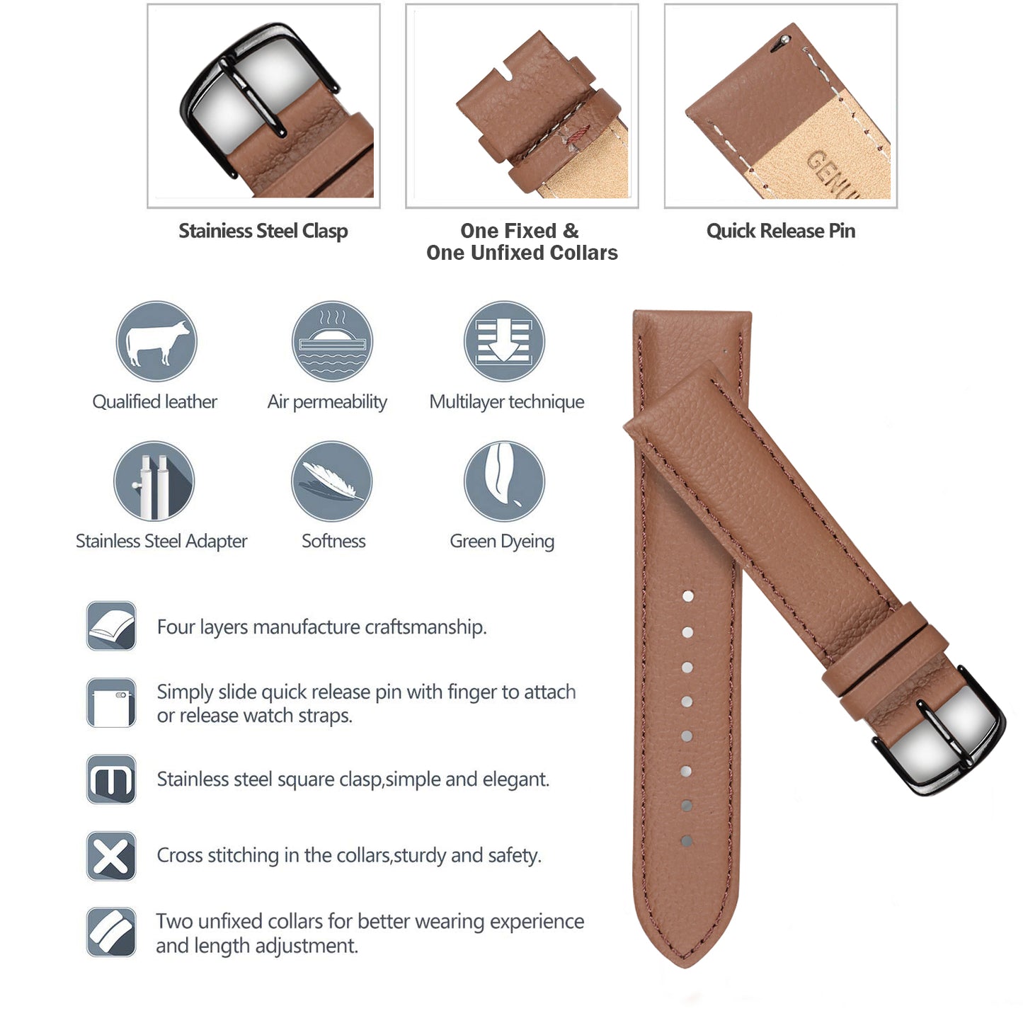 Boshek Brown Genuine Leather Watch Strap for Quick Release and Self Changeable FS315