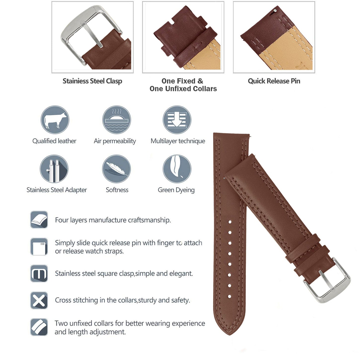 Boshek Choco Solid Genuine Leather Watch Strap for Quick Release and Self Changeable FS347