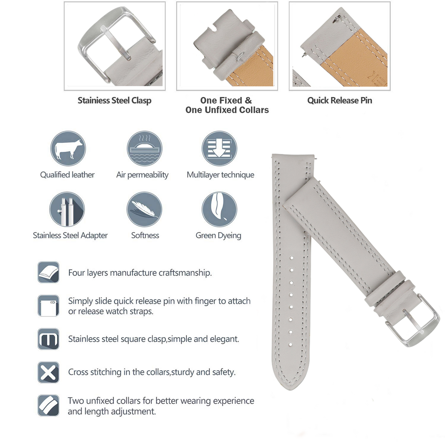 Boshek Beige Solid Genuine Leather Watch Strap for Quick Release and Self Changeable FS347