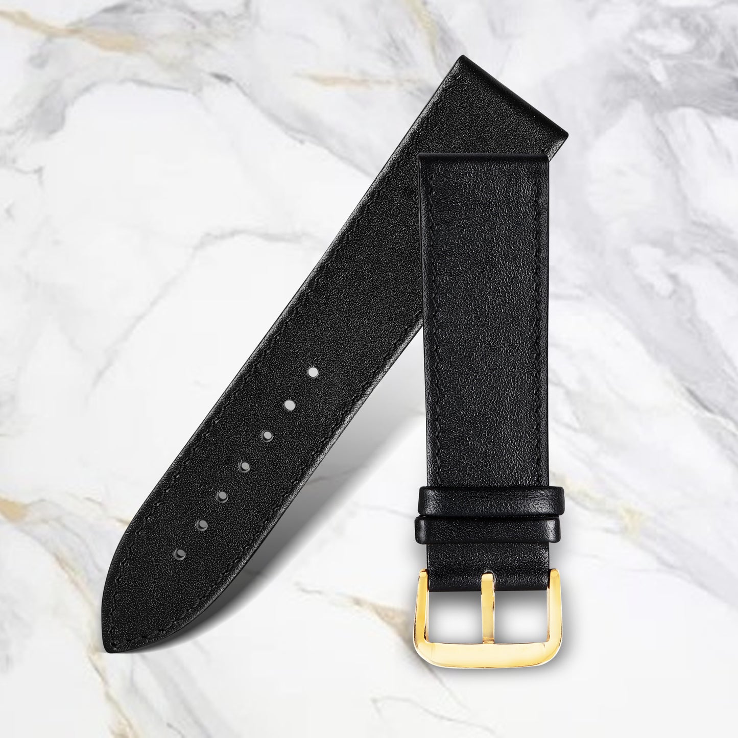 Boshek Solid Black Genuine Leather Golden Buckle Watch Strap for Quick Release and Self Changeable FS318