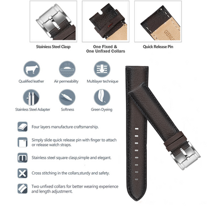 Boshek Brown Genuine Leather,Silver Buckle Watch Strap for Quick Release and Self Changeable FS344