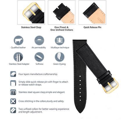 Boshek Solid Black Genuine Leather Golden Buckle Watch Strap for Quick Release and Self Changeable FS318