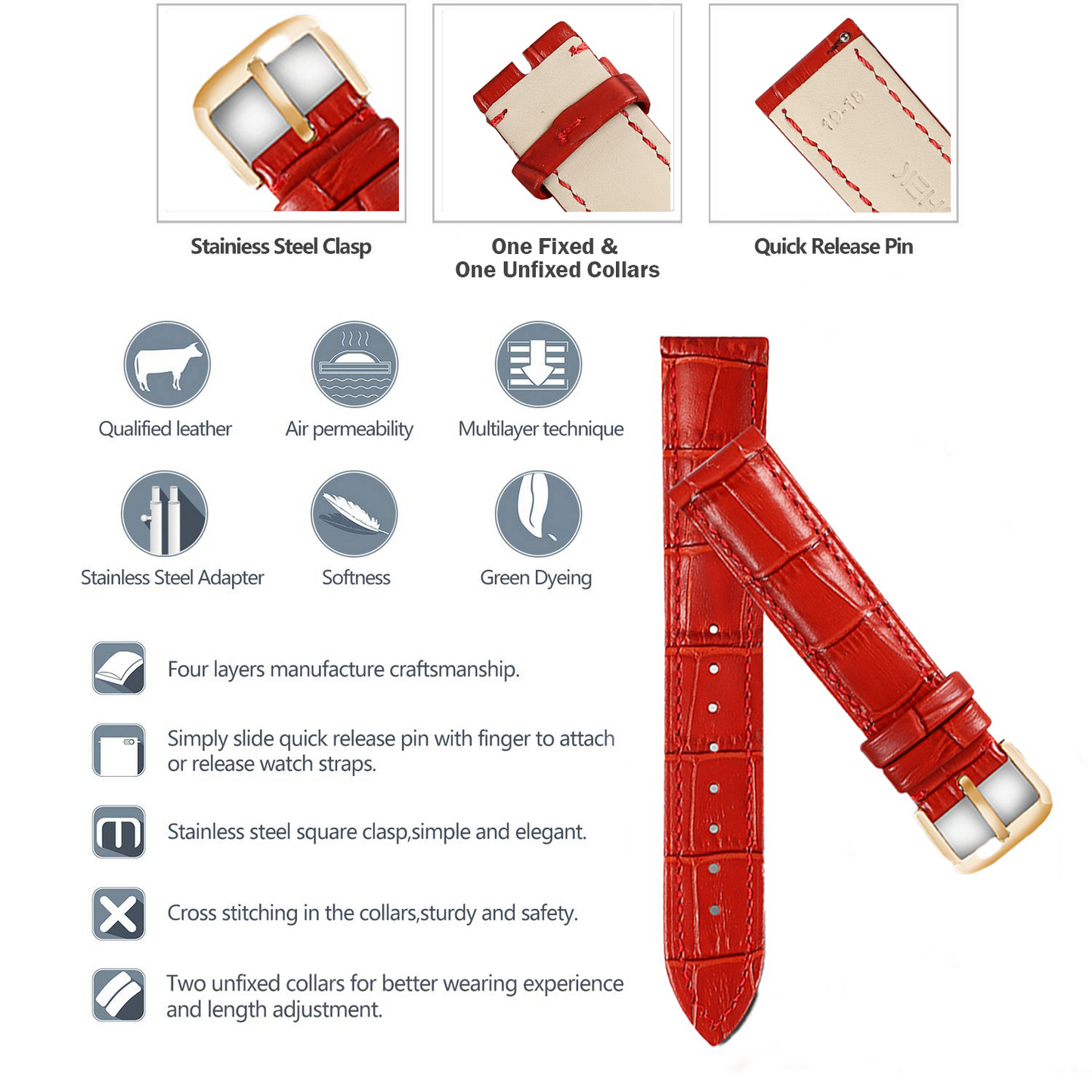 Boshek Red Genuine Leather Croco Design Watch Strap for Quick Release and Self Changeable FS352