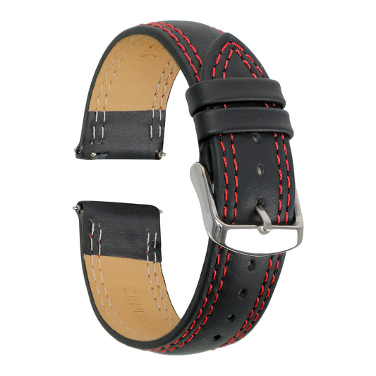 Boshek Black With Red Contrast Stitching Genuine Leather Watch Strap for Quick Release and Self Changeable