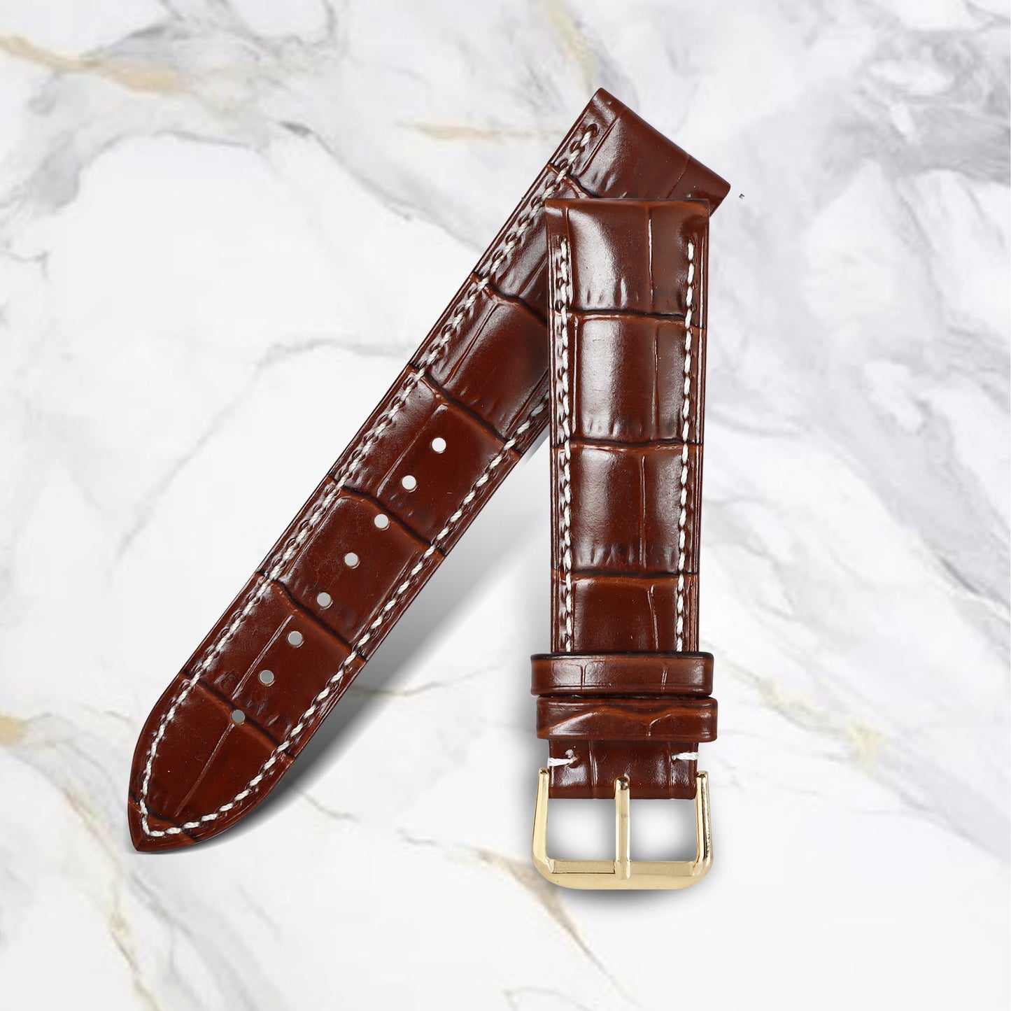 Boshek Brown Genuine Leather Croco White Contrast Stitched  Watch Strap for Quick Release FS353