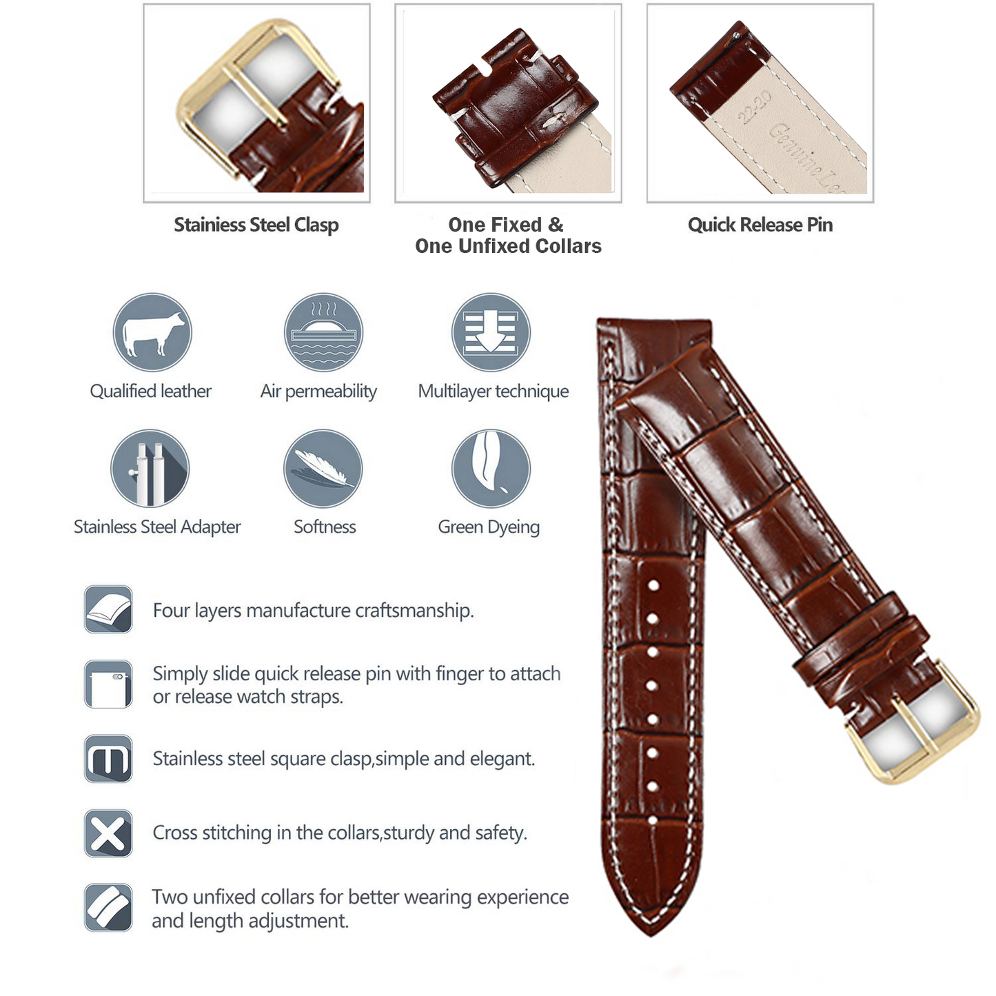 Boshek Brown Genuine Leather Croco White Contrast Stitched  Watch Strap for Quick Release FS353