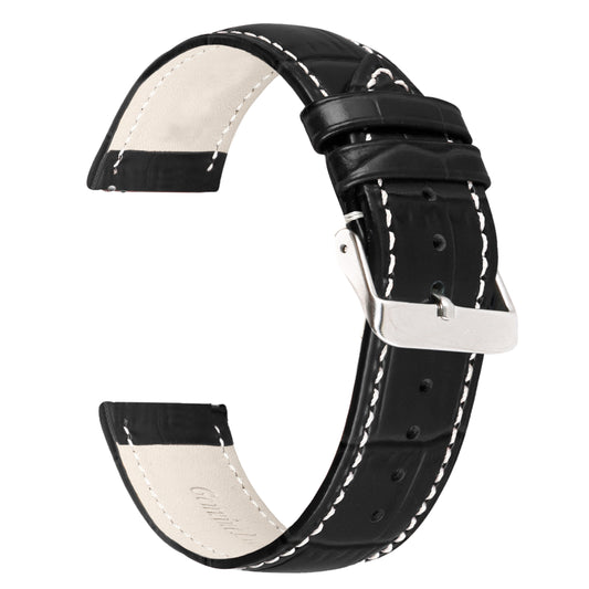 Boshek Black Genuine Leather Croco Design Watch Strap. Silver Buckle Quick Release and Self Changeable FS354-BL-24-S