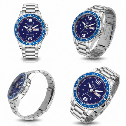 Omax Blue Dial Day Date Silver Steel Bracelet Watch for Men – 45mm | SS374