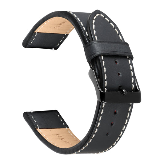 Boshek Black with White Contrast Stitching Genuine Leather Watch Strap for Quick Release and Self Changeable FS321