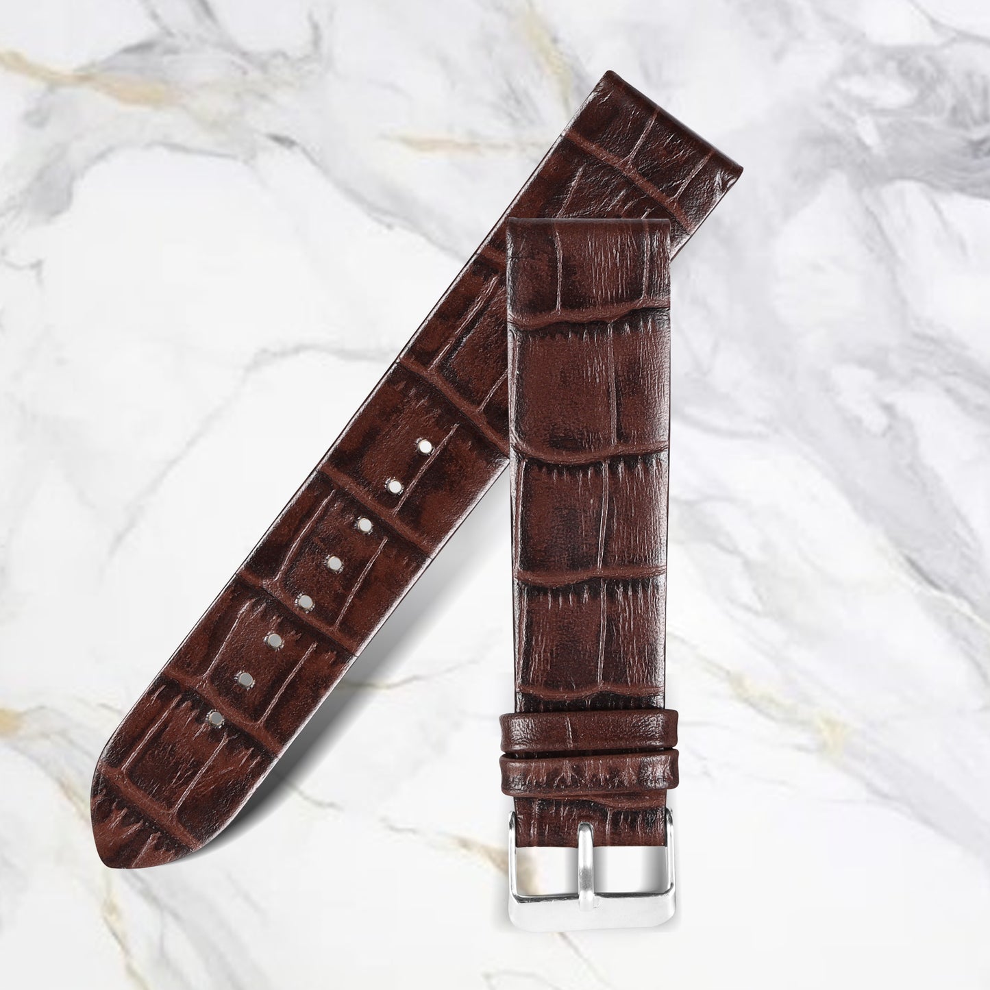 Boshek Brown Genuine Leather Silver Buckle Croco Design Watch Strap for Quick Release and Self Changeable FS321-BR-24-S