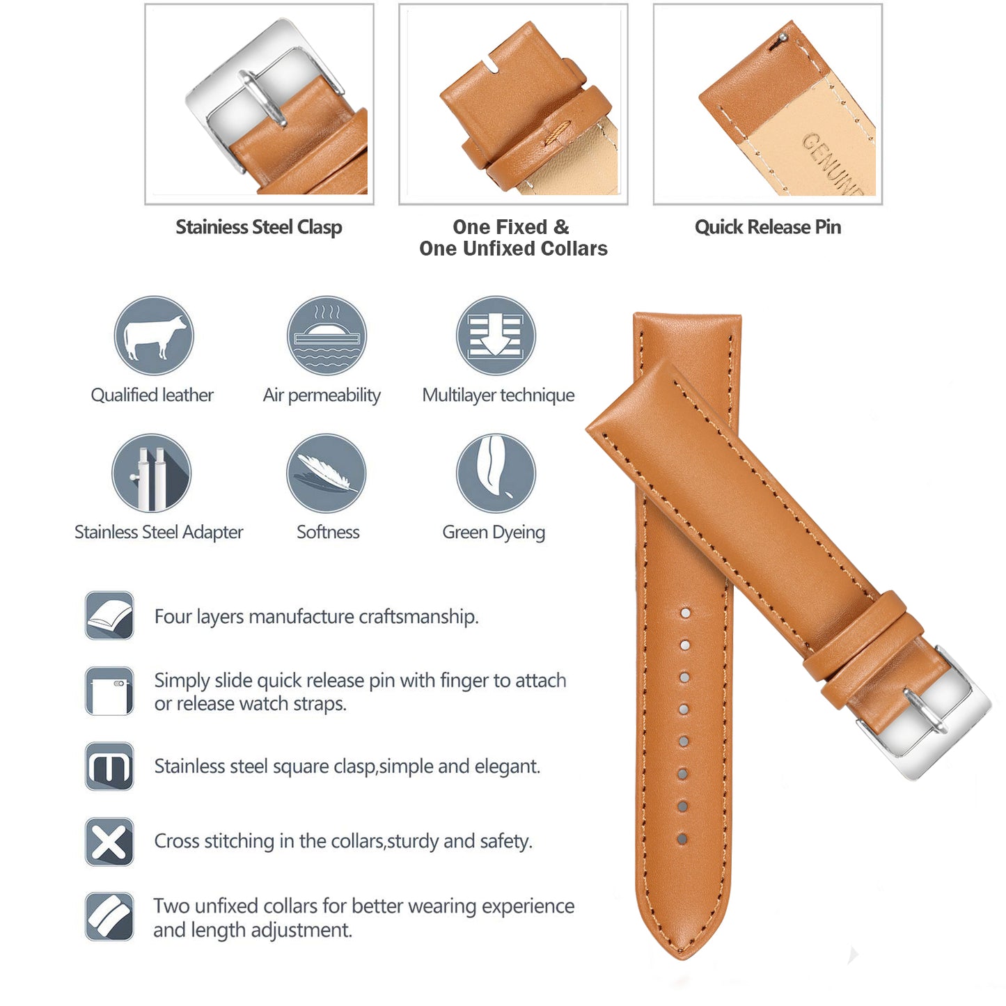 Boshek Dk Tan Solid Genuine Leather Watch Strap for Quick Release and Self Changeable FS336