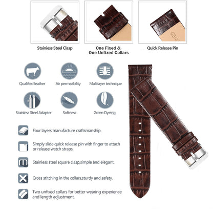 Boshek Brown Genuine Leather Silver Buckle  Croco Design Watch Strap for Quick Release and Self Changeable FS351