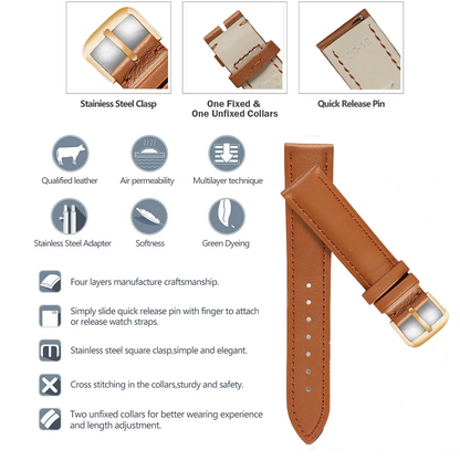 Boshek Tan Color Plain Genuine Leather Watch Strap for Quick Release and Self Self Changeable FS306_Gold