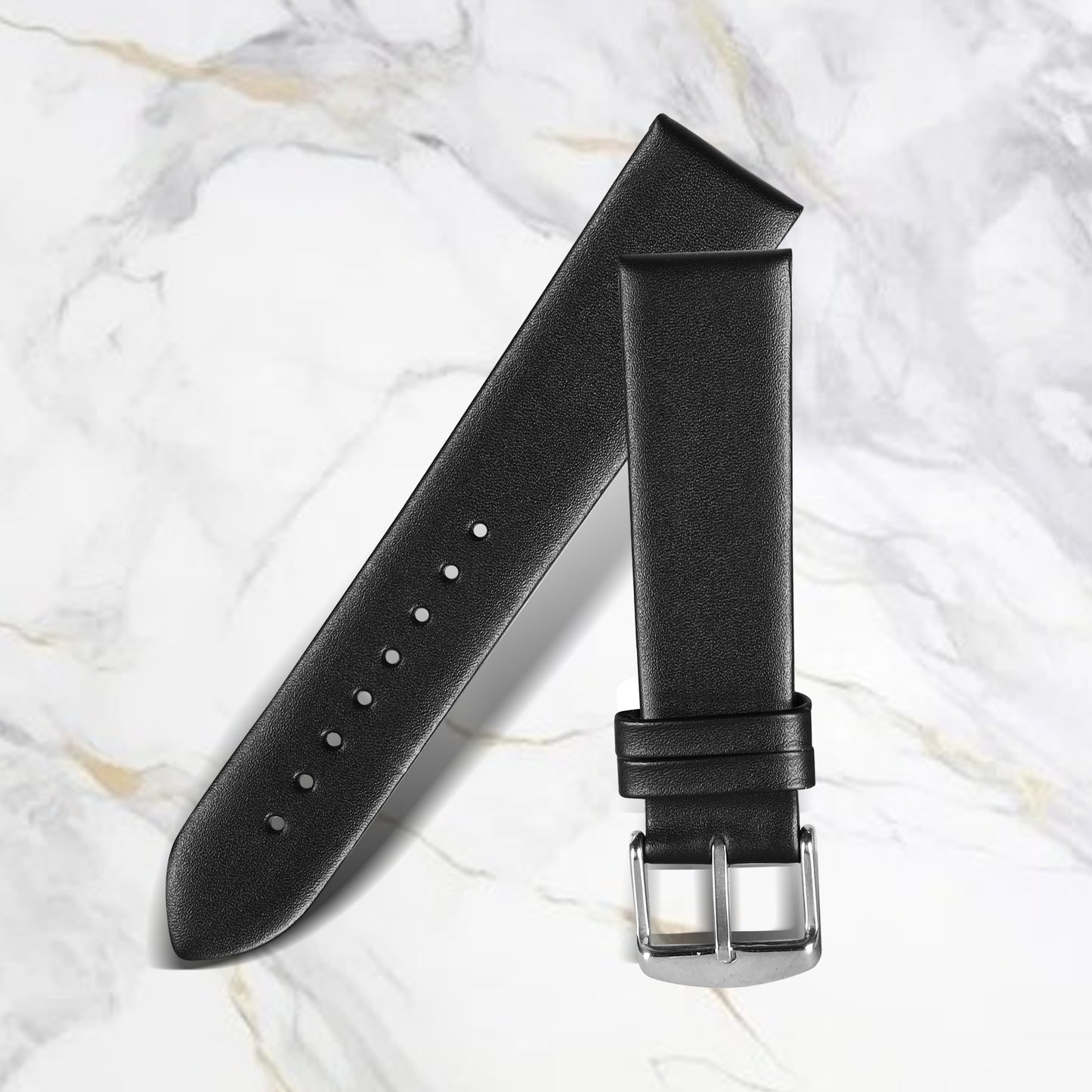 Boshek Black Plain Genuine Leather,Silver Buckle Watch Strap for Quick Release and Self Changeable FS317