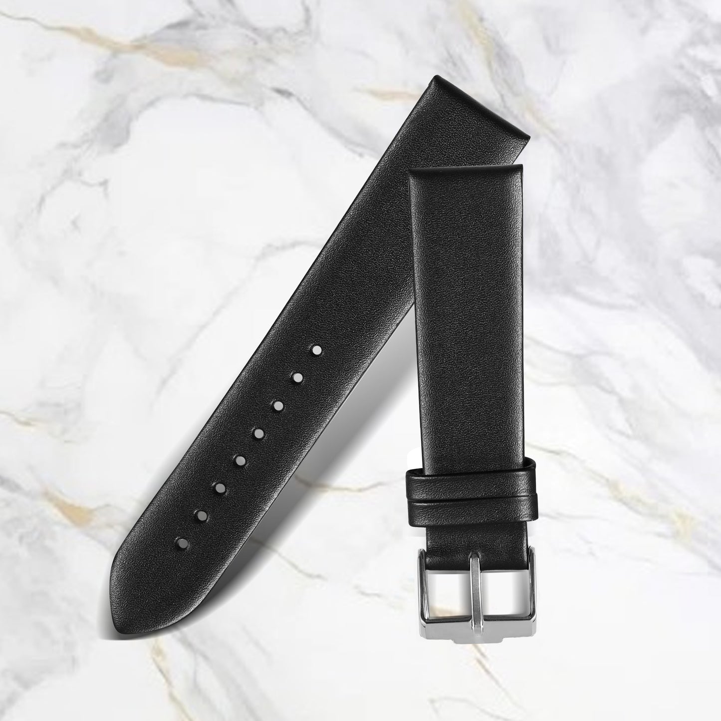 Boshek Black Color Plain Semi Padded Genuine Leather Watch Strap. Silver buckle Quick Release and Self Changeable-FS379-BL-22mm-S