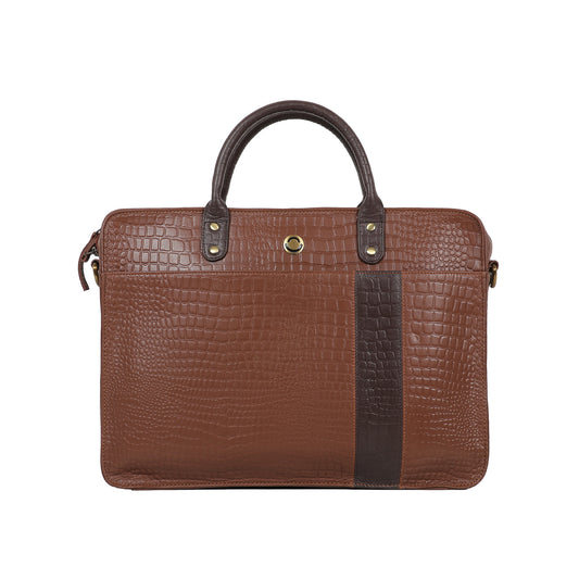 OMAX Tan Contrast Mix Matching Croco Design Genuine Leather Laptop Bags for Men and Women LTHRMSN59