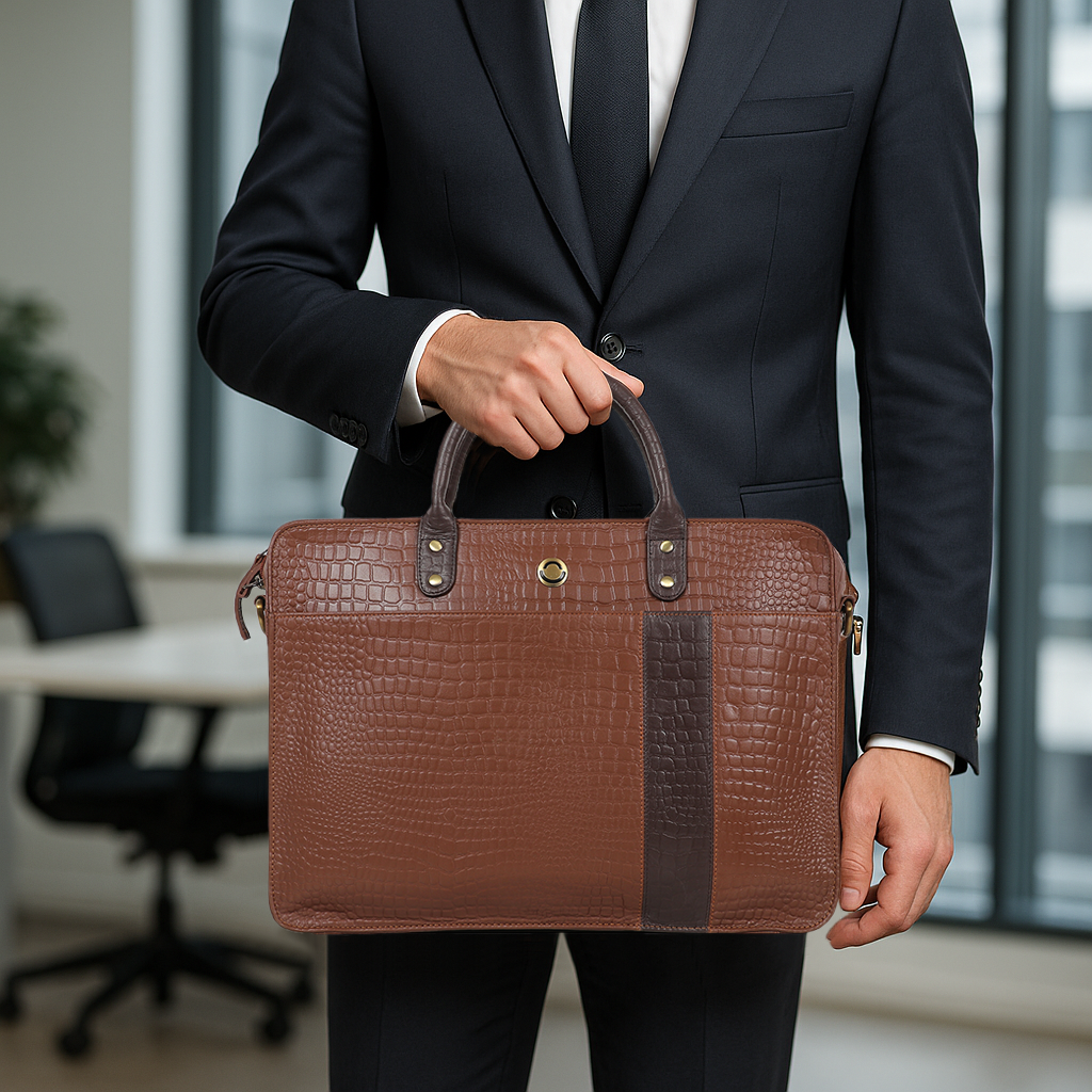 OMAX Tan Contrast Mix Matching Croco Design Genuine Leather Laptop Bags for Men and Women LTHRMSN59