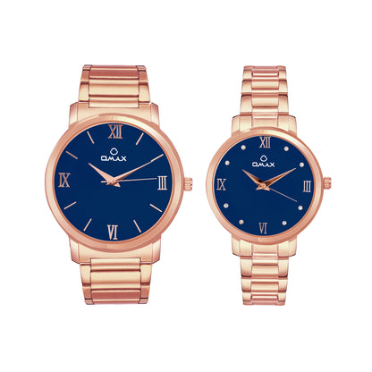 OMAX Analog Blue Dial with Rosegold Stainless Steel Strap Watch Pair for Couple -CPL03