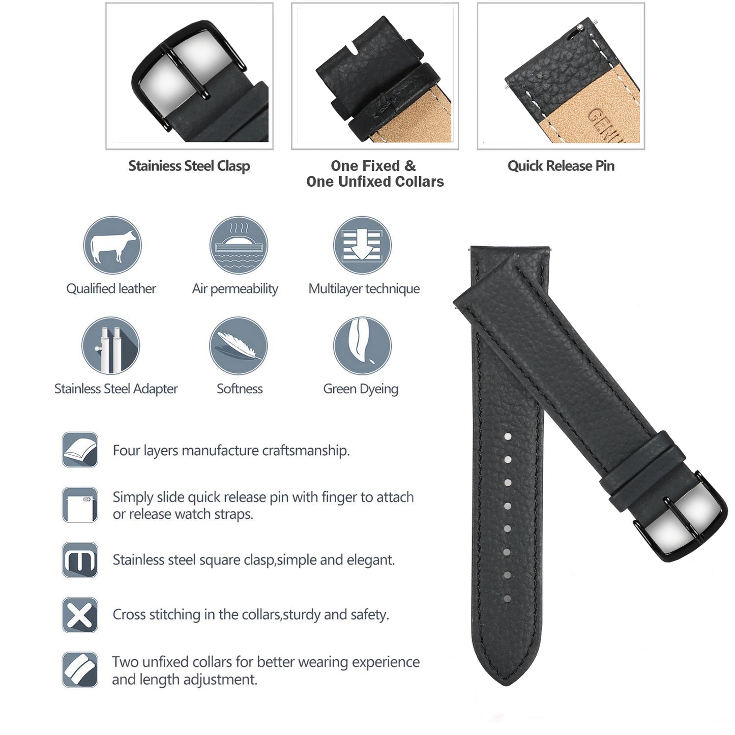 Boshek Black Solid Full Grain Genuine Leather Watch Strap for Quick Release and and Self Changeable FS338