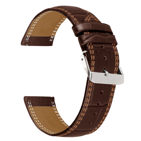 Boshek Brown Genuine Leather Croco Design Watch Strap. Silver Buckle Quick Release and Self Changeable FS354-BR-24-S