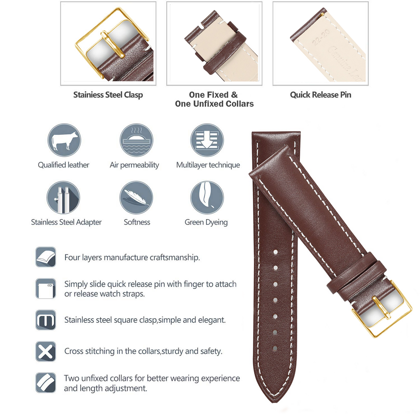 Boshek Brown Genuine Leather Plain Contrast white Stitch Design Unisex Watch Strap. Silver Buckle Quick Release and Self Changeable FS336 - 19mm