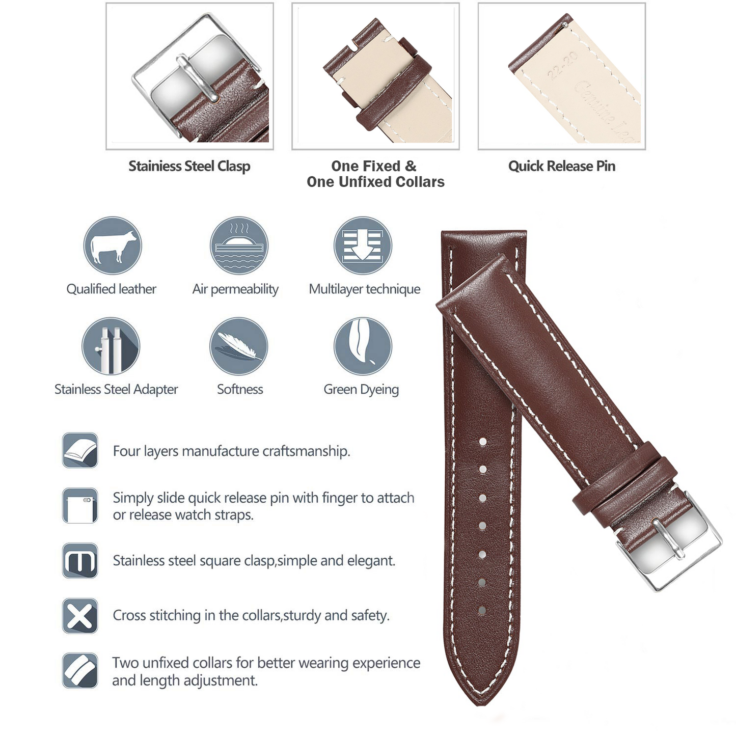 Boshek Genuine Leather Brown With White Contrast Stitched Watch Strap for Quick Release and Self Changeable FS320