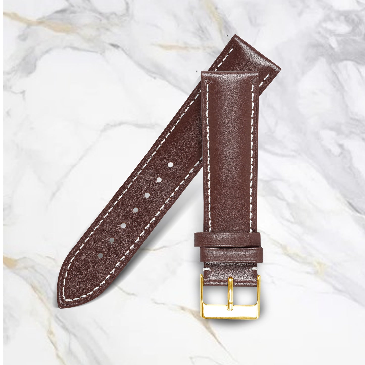 Boshek Brown Genuine Leather Plain Contrast white Stitch Design Unisex Watch Strap. Silver Buckle Quick Release and Self Changeable FS336 - 19mm