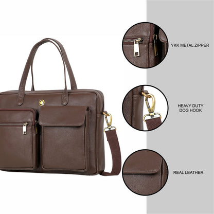 Omax Brown Genuine Leather front Pocket Laptop Bag for Menand Women