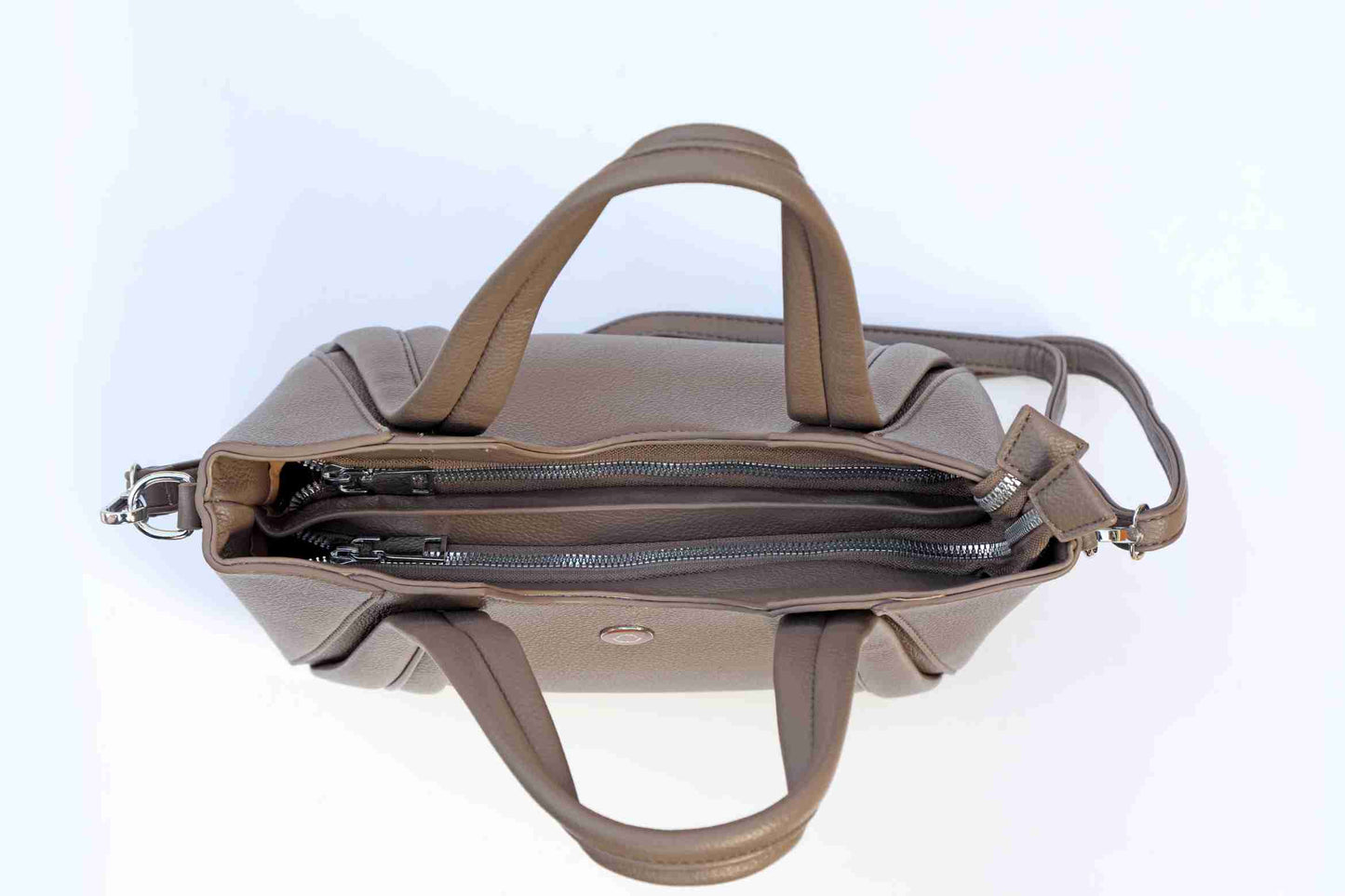 Omax E02 Taupe Handbag – Detail Stitching and Buckle Shot