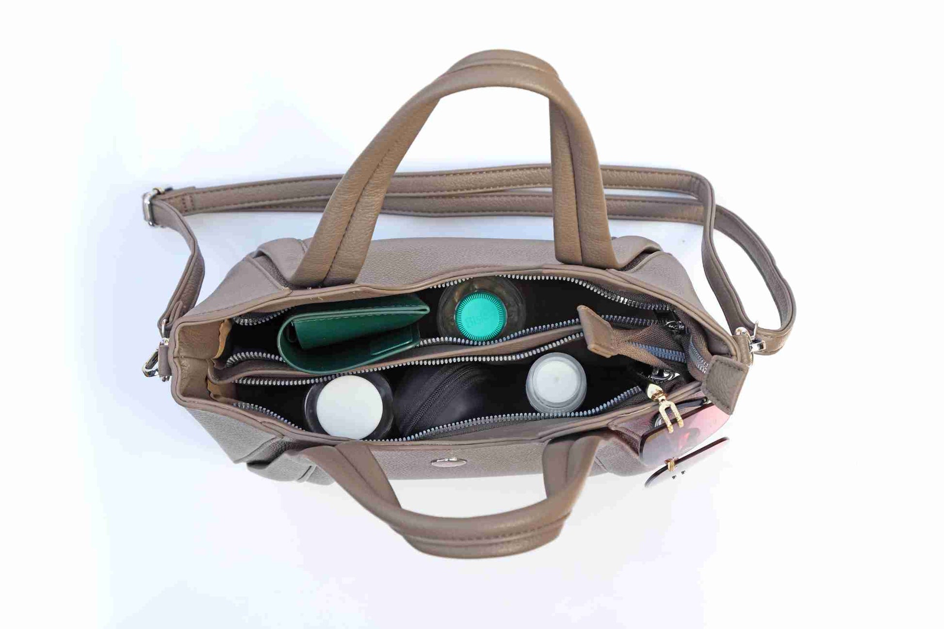 Omax E02 Taupe Shoulder Bag – Angle View with Sling Strap