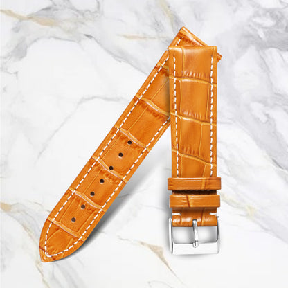 Boshek Tan Color White Stitched Croco Genuine Leather ,Silver Buckle Watch Strap for Quick Release and Self Changeable FS354