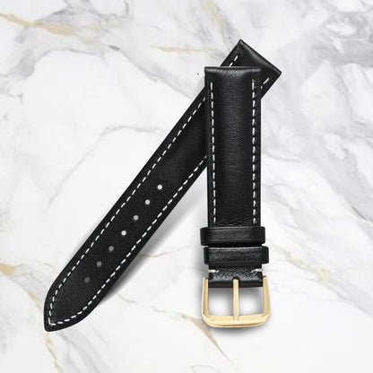 Boshek Genuine Leather Black With White Contrast Stitched Watch Strap for Quick Release and Self Changeable FS320