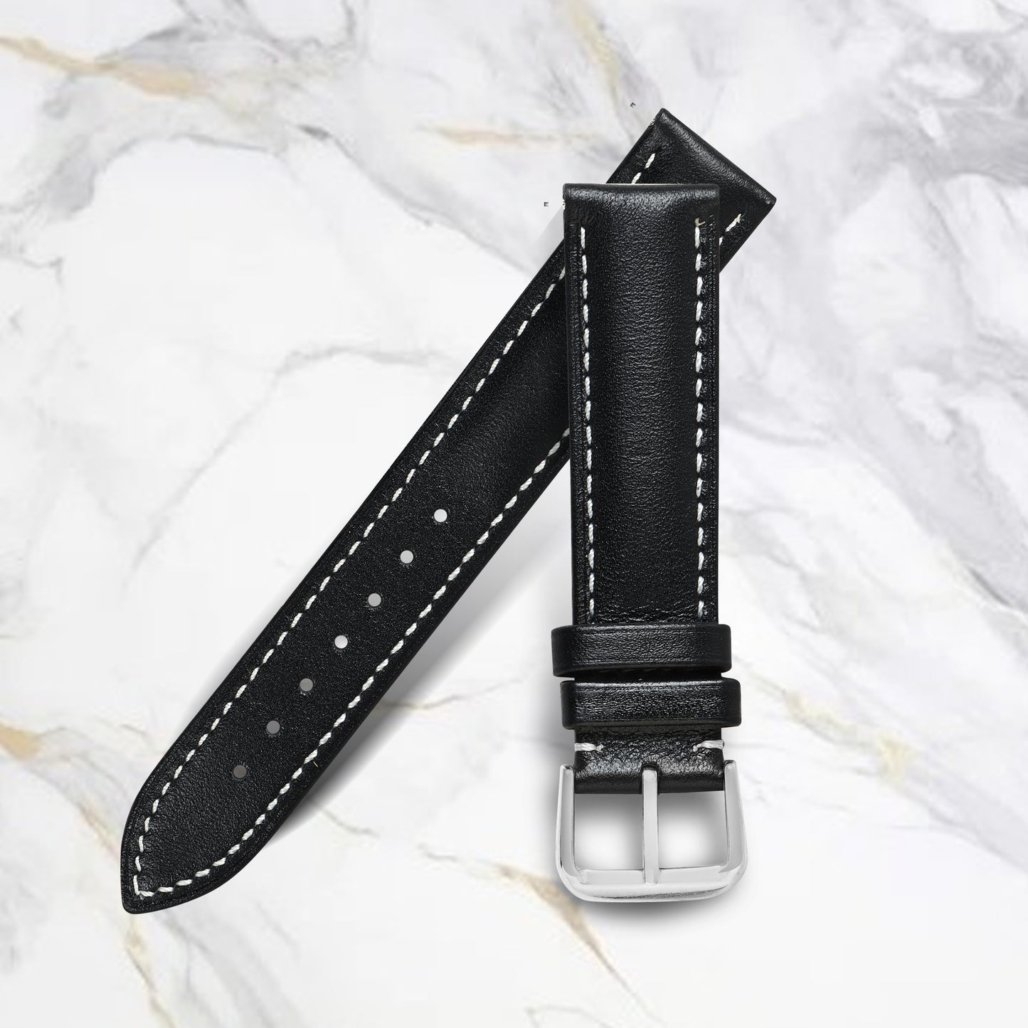 Boshek Black Genuine Leather Plain Contrast white Stitch Design Unisex Watch Strap. Silver Buckle Quick Release and Self Changeable FS320