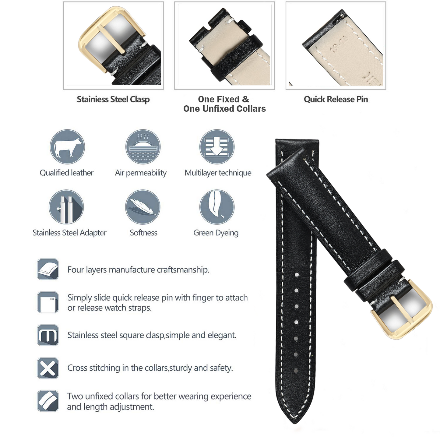 Boshek Genuine Leather Black With White Contrast Stitched Watch Strap for Quick Release and Self Changeable FS320