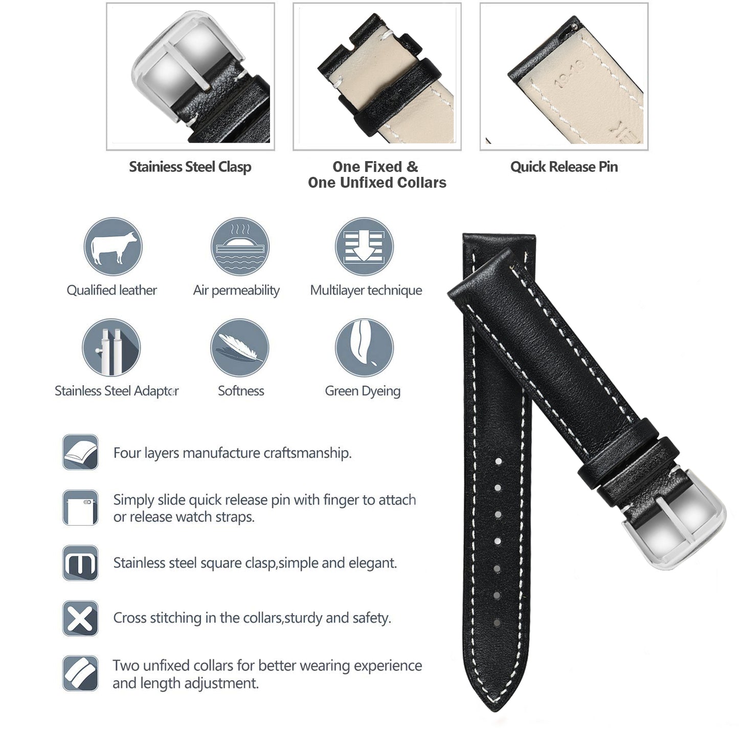 Boshek Black Genuine Leather Plain Contrast white Stitch Design Unisex Watch Strap. Silver Buckle Quick Release and Self Changeable FS320