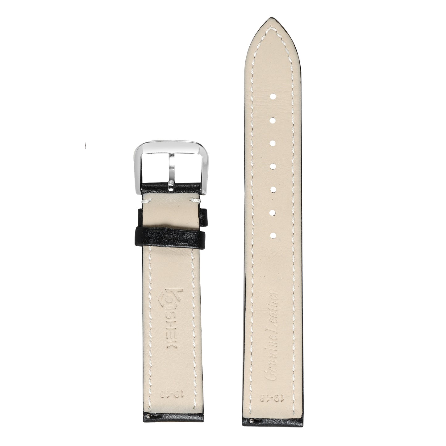 Boshek Black Genuine Leather Plain Contrast white Stitch Design Unisex Watch Strap. Silver Buckle Quick Release and Self Changeable FS320