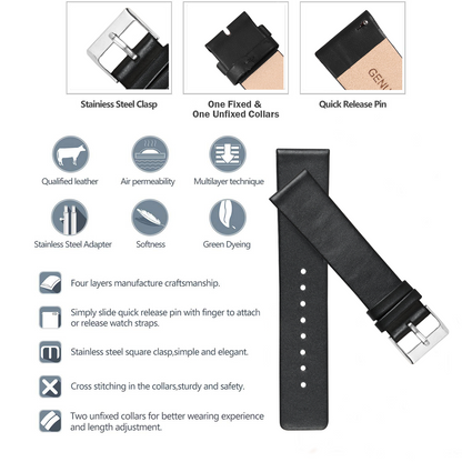 Boshek Black Solid Genuine Leather Silver Buckle Watch Strap for Quick Release and Self Changeable FS343