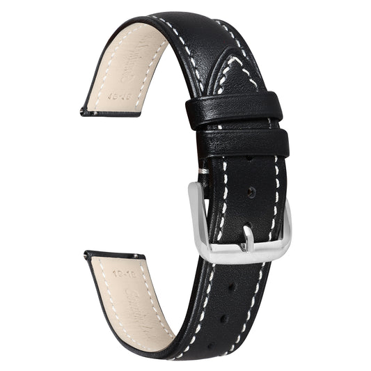 Boshek Black Genuine Leather Plain Contrast white Stitch Design Unisex Watch Strap. Silver Buckle Quick Release and Self Changeable FS320