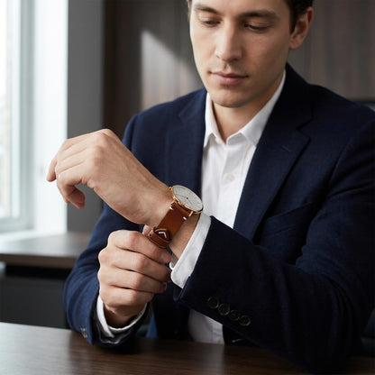 Omax Tan Genuine Leather Watch Strap – Golden Buckle, Handcrafted V-Stitch, Quick-Release | FS328