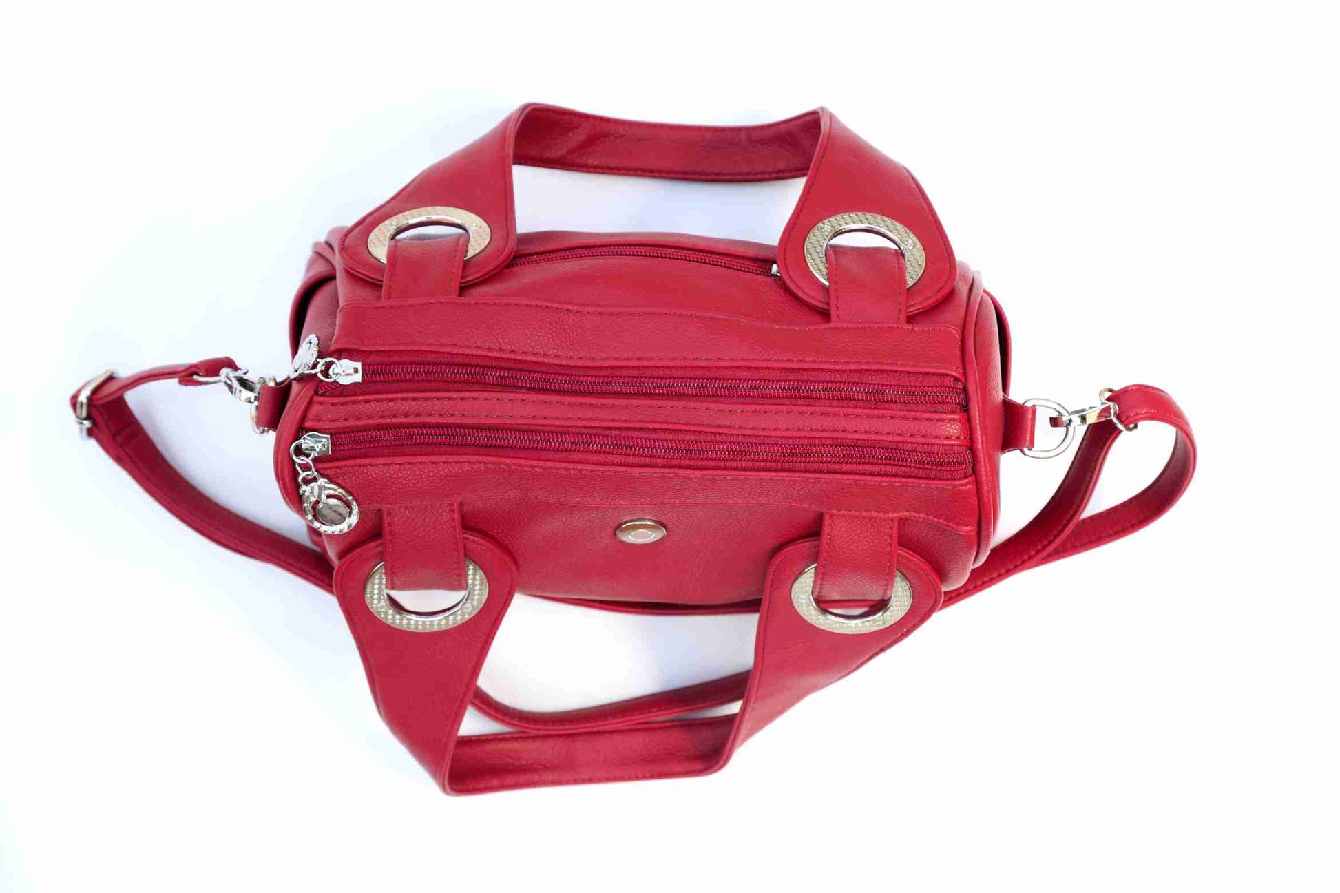 Omax S01 Red Handbag – Top View with Ring Handle Detail