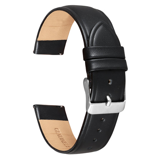 Boshek Black Color Genuine Leather Silver Buckle Watch Strap for Quick Release and Self Changeable FS316