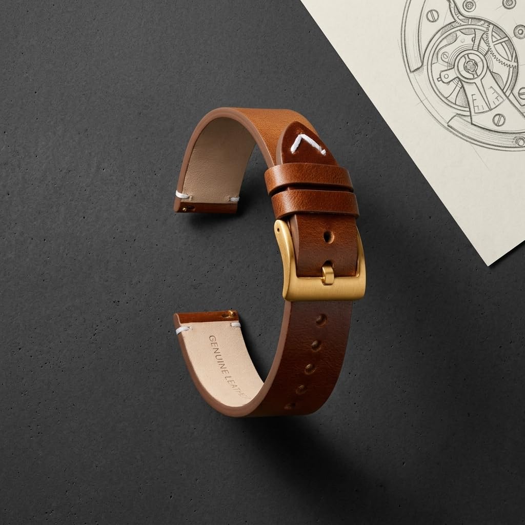 Omax Tan Genuine Leather Watch Strap – Golden Buckle, Handcrafted V-Stitch, Quick-Release | FS328