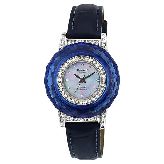 Omax Analog Silver Dial ,Blue Uniuqe Case With Black Genuine Leather Strap Watch for GirlsTS157